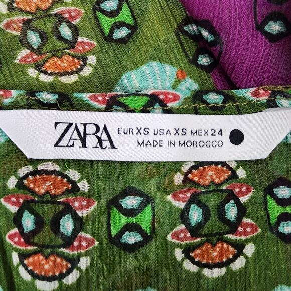 ZARA Top Womens Zodiac Multicolor Printed Boho Blouse XS Bow Tie Crystal Drops - Picture 9 of 12